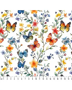 Tecido Tricoline Digital 3D Floral e Borboletas - Tecidos Caldeira - 50 x 150 cm