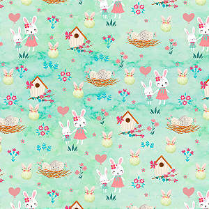 Tecido Tricoline Coelhinhas e Floral (Coelhos Páscoa) Páscoa colorida - Peripan - 50 x 150 cm