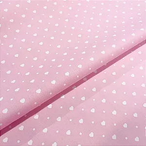 Tecido Tricoline Corações e Poá Fundo Rosa  - Peripan - 50 x 150 cm