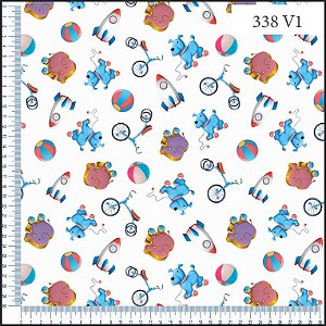 Tecido Tricoline Digital  Brinquedos (Cachorro , Elefante,Foguete e Triciclo) - Coleção Brisa - Ibirapuera - 50 x 150 cm