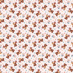 Tecido Tricoline Digital Ursinho, Balões e Estrelas (Fundo rosado) - Coleção Essência Criativa - Peripan - 50 x 150 cm