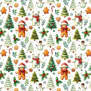 Tecido Tricoline Digital Ursos e Árvores - Contos de Natal  - Peripan - 50 x 150 cm
