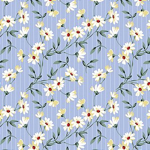 Tecido Tricoline Floral Gérbera Fundo Azul - Coleção Handamade - Peripan - 50 x 150 cm