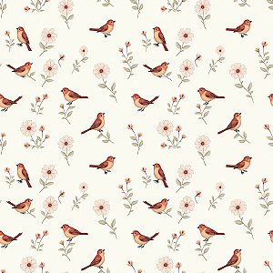 Tecido Tricoline Pássaros e Flores - ( Floral) - Coleção Handamade - Peripan - 50 x 150 cm