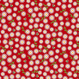 Tecido Tricoline Margaridas e Mini Abelhas Fundo Vermelho - Coleção Sintonia - Peripan - 50 x 150 cm