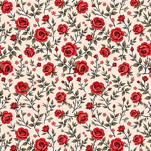 Tecido Tricoline Rosas Vermelhas - Coleção Handamade - Peripan - 50 x 150 cm