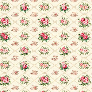 Tecido Tricoline Xícaras e Flores - Coleção Handamade - Peripan - 50 x 150 cm