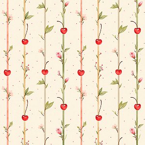 Tecido Tricoline Cereja e Flores com Listras - Coleção Handamade - Peripan - 50 x 150 cm