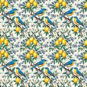 Tecido Tricoline Pássaros e Limão Siciliano - Coleção Handamade - Peripan - 50 x 150 cm