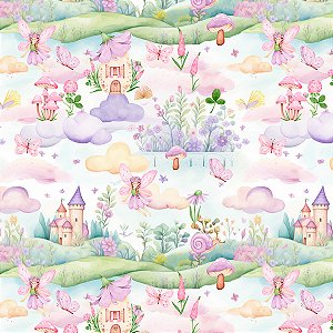 Tecido Tricoline Fadas e Castelo - Coleção Handamade - Peripan - 50 x 150 cm