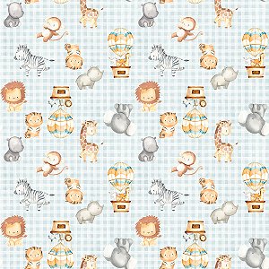 Tecido Tricoline Animais Safári Fundo Xadrez - Coleção Handamade - Peripan - 50 x 150 cm