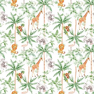 Tecido Tricoline Animais Safári e Coqueiro - Coleção Handamade - Peripan - 50 x 150 cm