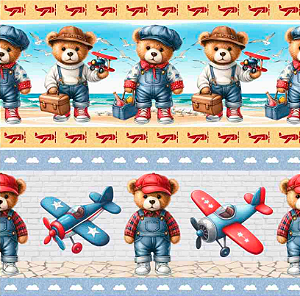 Tecido Tricoline Digital Barrado Urso Aviador - Coleção Lúdica - Tecidos Caldeira - 50 x 150 cm