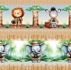 Tecido Tricoline Digital Barrado Safári do Bem - Coleção Lúdica - Tecidos Caldeira - 50 x 150 cm