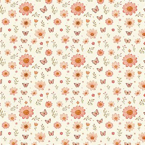 Tecido Tricoline Floral e Borboletas - Diário dos Sonhos - Peripan - 50 x 150 cm