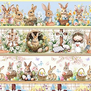 Tecido Tricoline Barrado Coelhinhos da Alegria - Páscoa - Peripan - 50 x 150 cm