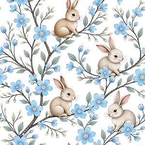 Tecido Tricoline Coelhos e Flores Azuis - Páscoa - Peripan - 50 x 150 cm