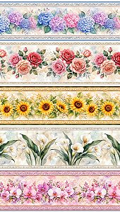 Tecido Tricoline Barrado Floral - Coleção Doce Criação - Peripan - 50 x 150 cm