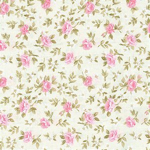 Tecido Tricoline Floral Lúcia Rosa fundo Creme - Tecidos Caldeira - 50 x 150 cm