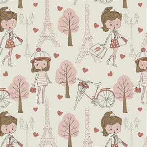 Tecido Tricoline Compras em Paris Coral - Fuxicos e Fricotes - 50 x 150 cm