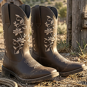 Bota Texana Feminina Bico Quadrado Flor Bege