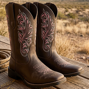 Bota Texana Feminina Country Bico Quadrado Tribal Rosa- BNF