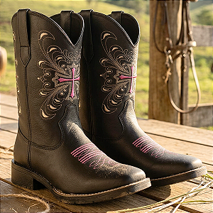 Bota Texana Feminina Country Bico Quadrado Cruz Rosa BK - BNF