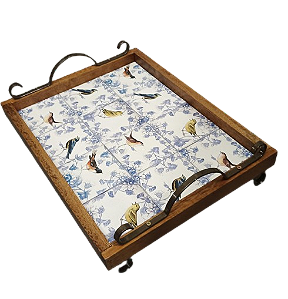 3096PML-103 - Bandeja de Azulejos com Pés/ Alças de Metal - Pássaros Arabesco
