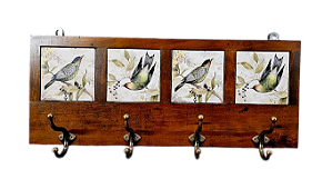 3017EG-109 Quadro cabideiro 4 Azulejos - Pássaros  Verdes