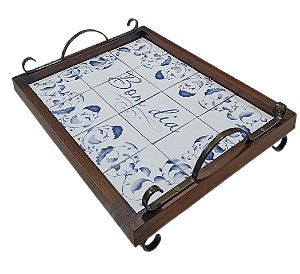 3096PML-049 - Bandeja de Azulejos com Pés/ Alças de Metal - Bom Dia