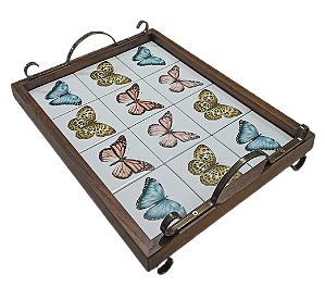 3096PML-076 - Bandeja de Azulejos com Pés/ Alças de Metal - Borboletas