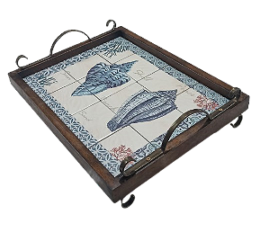 3096PML-080 - Bandeja de Azulejos com Pés/ Alças de Metal - Conchas