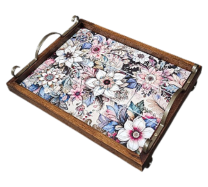 3096PML-148 - Bandeja de Azulejos com Pés/ Alças de Metal - Estampada Flores