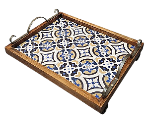 3096PML-152 - Bandeja de Azulejos com Pés/ Alças de Metal - Ladrilho Mostarda