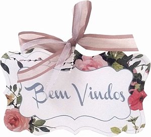 1706-008 Placa MDF - Bem vindos floral branco
