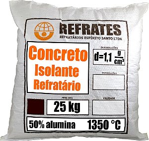 REFRATES ISOLANTE - 25kg de Concreto Isolante até 1350°C - 50% alumina - densidade de 1,1g/cm³