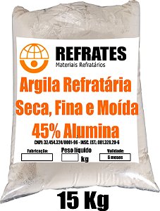 REFRATES ARGILA - 15kg de Argila Refratária Moída Seca - 45% alumina - Alta Plasticidade - Malha Mesh 325 - Grãos menores que 0,045mm
