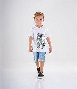 Camiseta De Manga Curta Branca Estampa De Dinossauro Bebe Menino Up Baby