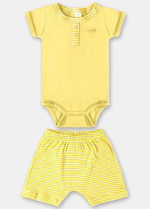 Conjunto Body De Manga Curta Em Suedine Short Amarelo Bebe Menino Menina Up Baby