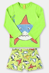 Conjunto Camiseta Sunga Boxer Proteção UV Verde Estampa Tubarão Bebe Menino Up Baby