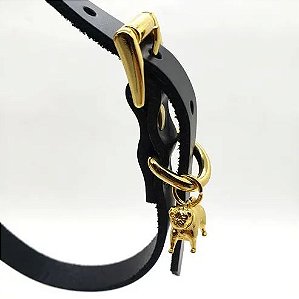 Coleira Preta em Couro Legitimo Com Guia Artesanal Com Pingente Dourado