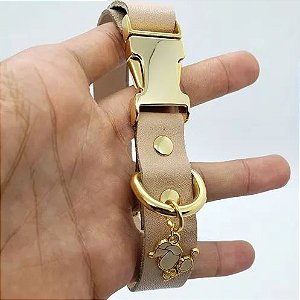 Coleira Beje em Couro Legitimo Com Guia Artesanal Com Pingente Dourado