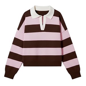 tricot gola polo listras rosa/marrom