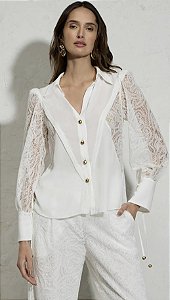 Camisa Branco  Chiffon Detalhes renda Thamara Capelão