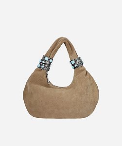 Bolsa Média em Camurça Bege Fendi com Argolas Metálicas e Aplicações Coloridas Luiza Barcelos