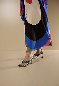 Mule de Dedo em Couro Tiras Metalizadas Salto Flares Luiza Barcelos