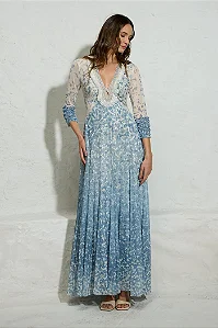 Vestido Manga Longo Festa Tule Pala Bordada Thamara Capelão