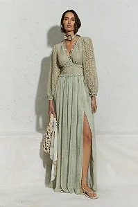 Vestido Manga Longo Festa Com Renda Thamara Capelão