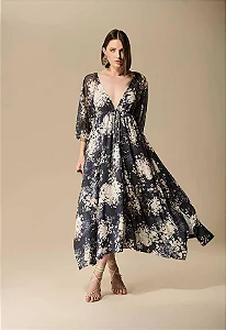 Vestido Tule Manga Estampa Essence Blue Caos