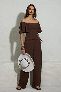 Top Ombro a Ombro com Babados Marrom Thamara Capelão